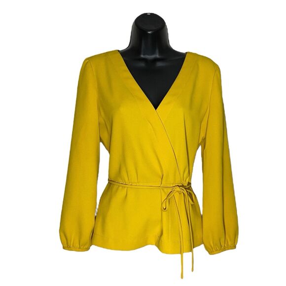 J Crew Top Women 2 Yellow Faux Wrap Draped Crepe V-Neck Long Sleeve Shirt Preppy - Picture 1 of 11